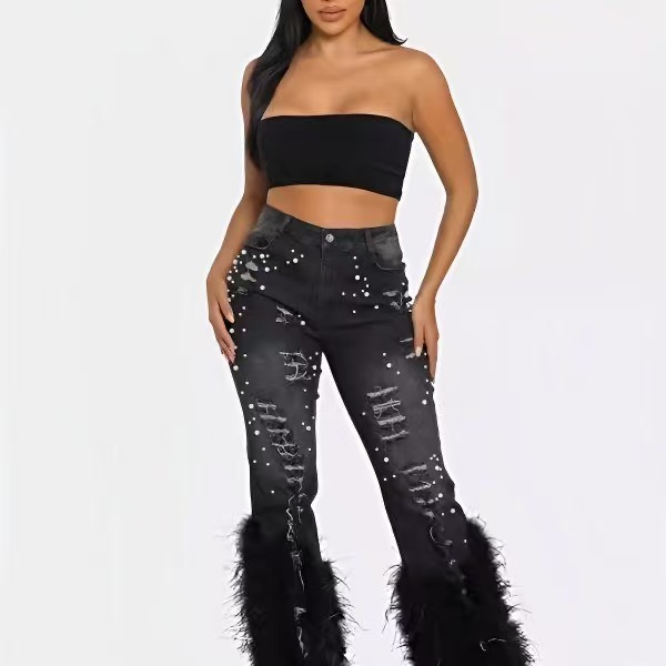 Women's Y2K Vintage High Waist Jeans - Tassel Hole Embellished Skinny Pants, Feather Trim Distressed Denim, Spring Streetwear Hollow Out Casual T