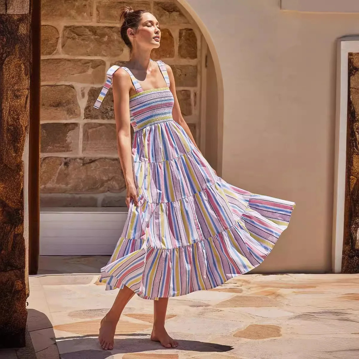 Womens backless lace dress style vacation pendant print 250313