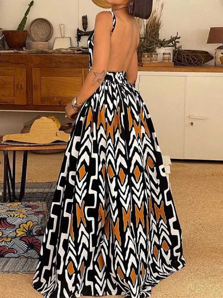 Urban Sexy Dresses Summer Boho Print Big Swing Maxi Dr Womens Sexy Slvel Backl Trendy Sling High Waist Holiday Robe Elegant Sundr Y240312H5C4