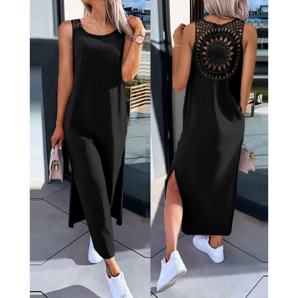 women's clothing, European and American summer hollow solid color medium long dress, 2025 temperament versatile new trend clothing ins