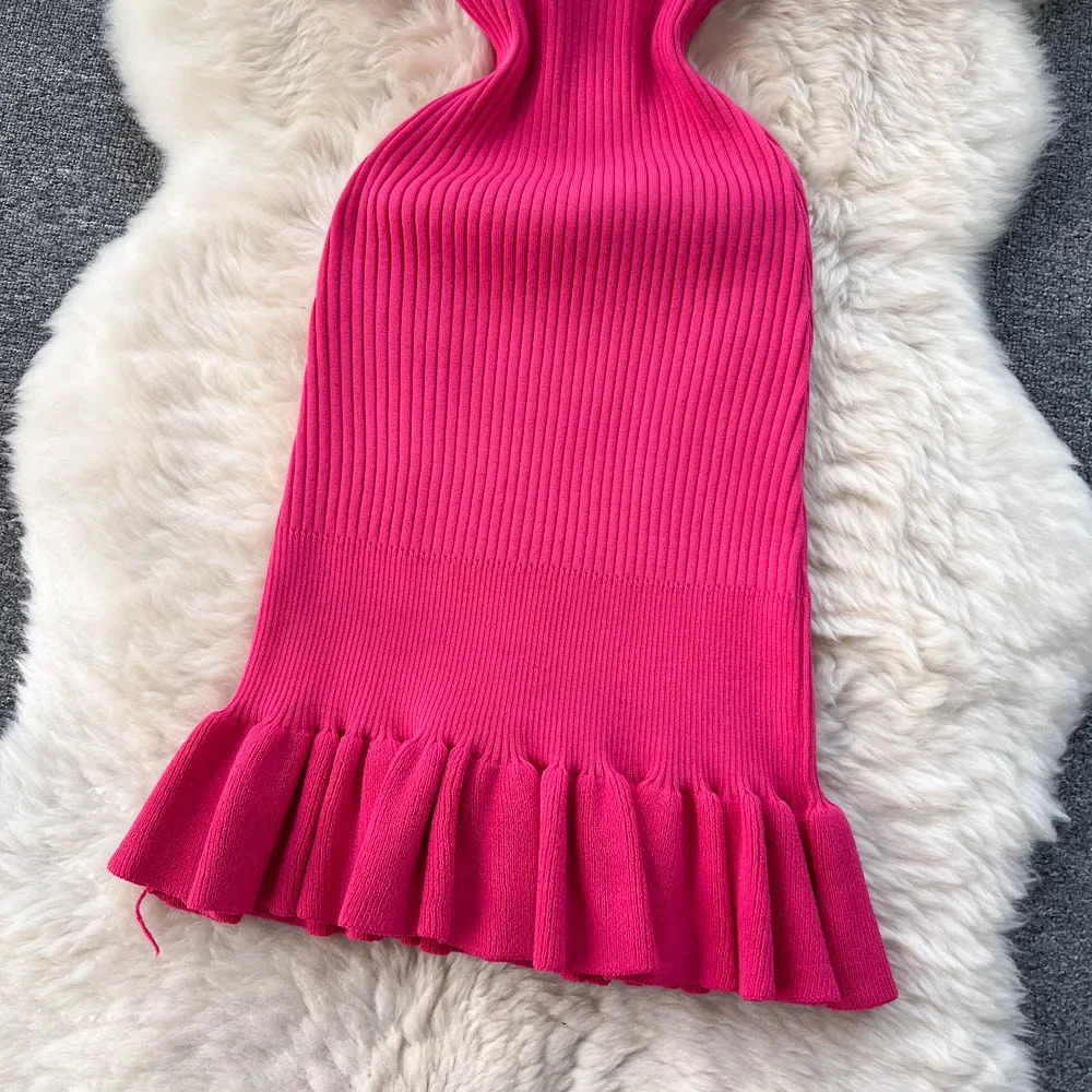 Summer Knitted Tight Sexy Dress Oneck Sleeveless Ruffle Party Sundress High Street Elastic Ultra Thin Short Skirt 250313