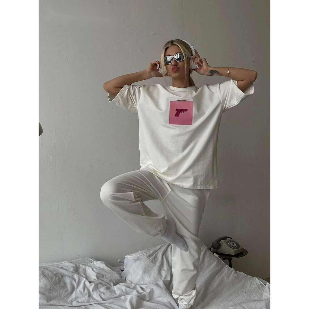 100% Cotton Pink Print T Shirt Women 2024 Summer New Basic Vintage Tee Casual Loose Chic O Neck Female Couple Tops