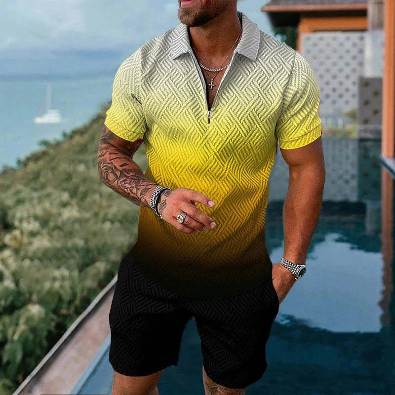 Fashion mens zipper solid color gradient print sportswear set summer casual polo shirt and shorts 2piece 250313