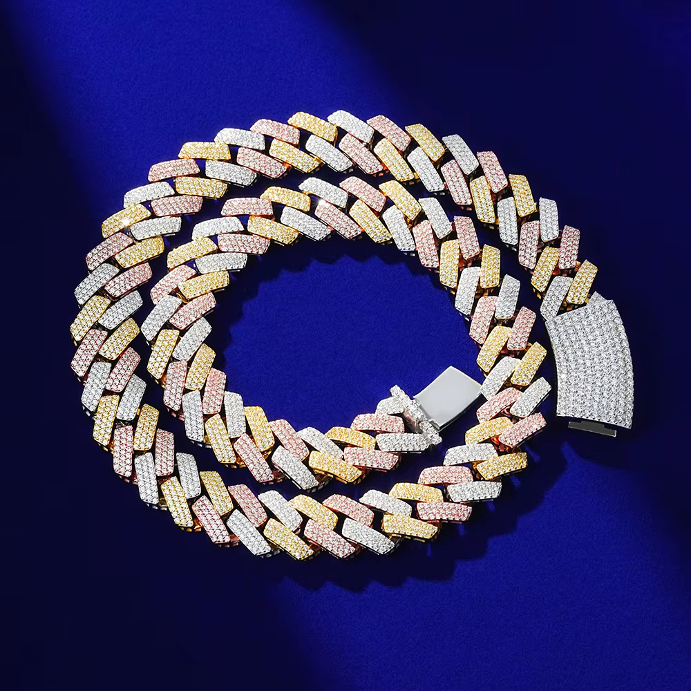 New Design Fashion Hip Hop 15MM Caged Back Iced Out Cubic Zirconia 14K Solid Gold Brass Three Color Plated Cuban Chain for Men