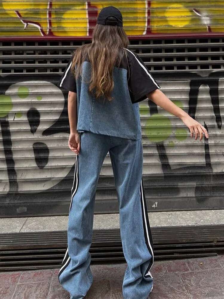 Casual Denim Patchwork Stripe Women's Suits Short Sleeve Zipper Tops High Waisted Wide Leg Pants Two-Piece Set Spring Summer New