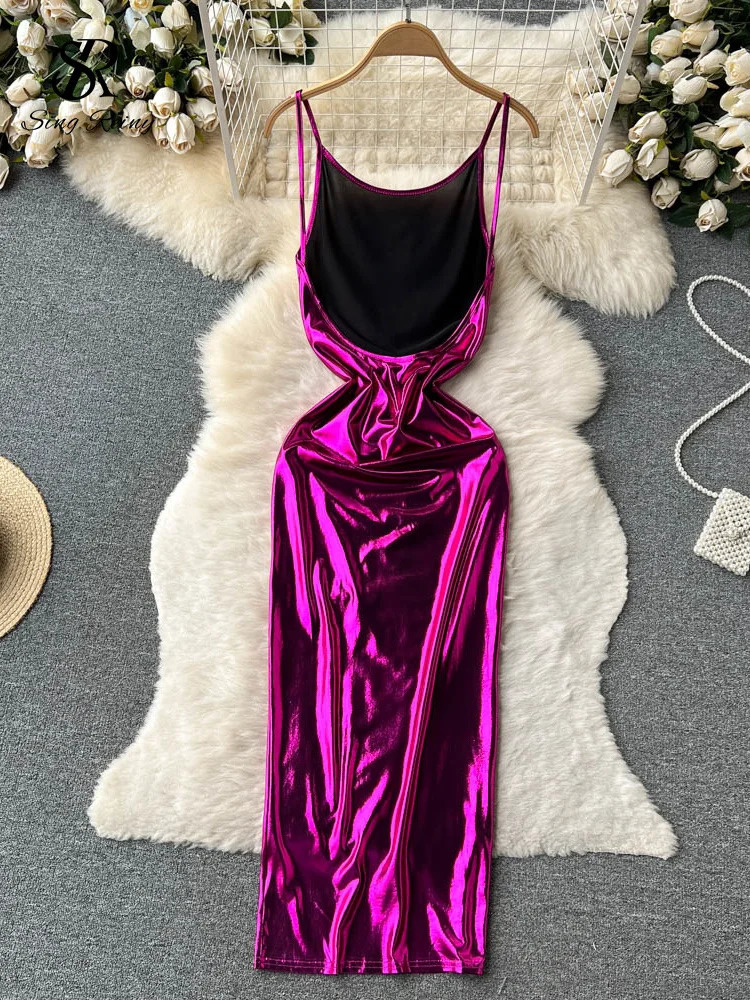 SINGREENY Sexy Body Satin Camis Dress No Back High Waist Fashionable Hollow Shining Summer Womens Party Long 250313