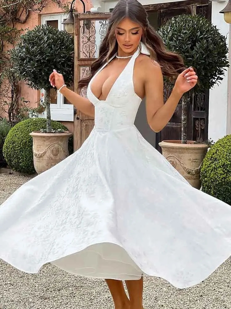 NIDANSI White Jacquard Folded Evening Dress Womens No Back Elegant Sexy Body Long Summer Vestitos 250313