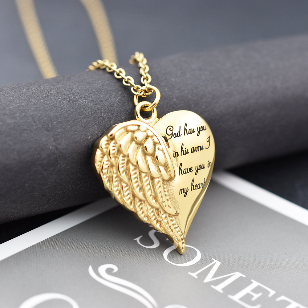 Engraved Angel Wing Heart Pendant Cremation URN Necklace - Memorial Jewelry with Keepsake Box