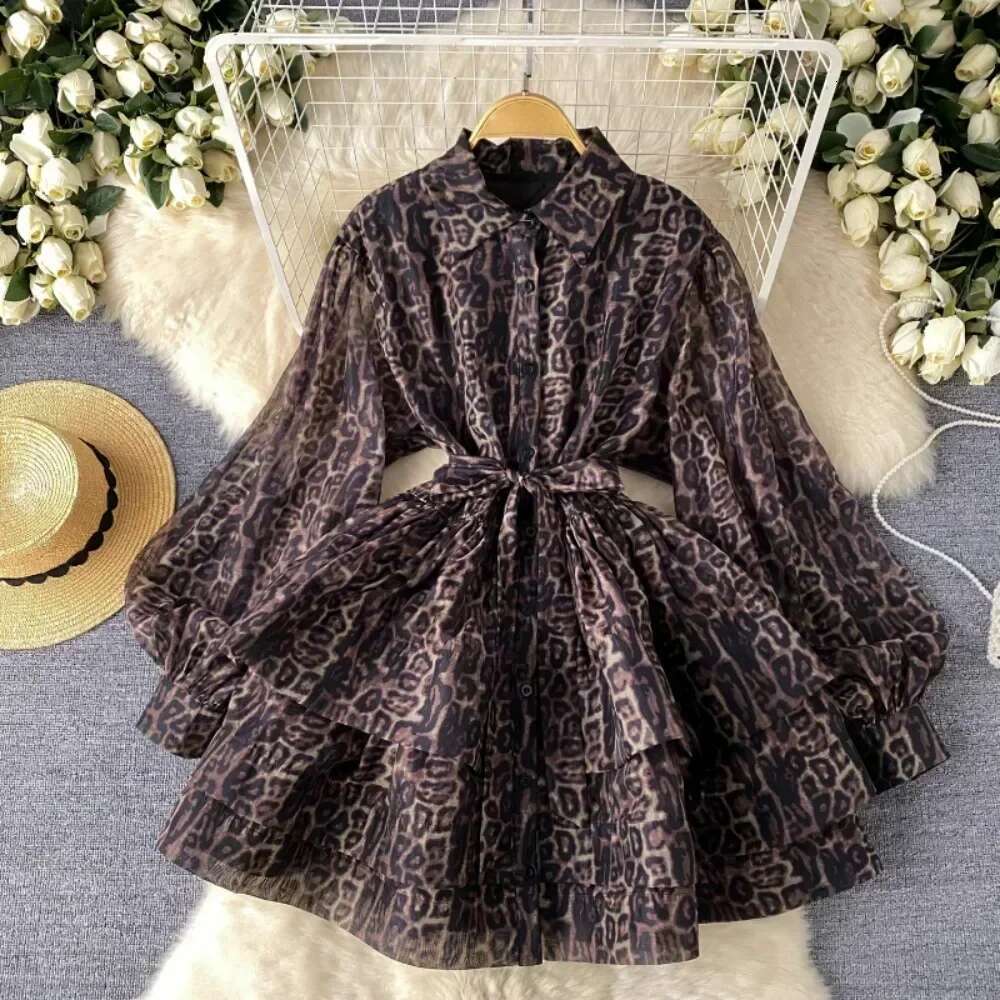High Waist Cake Vestidos Mujer Laple Neck Lantern Long Sleeve Women Dresses Lace Up Tunic Dress Print Vestido 2025 Robes