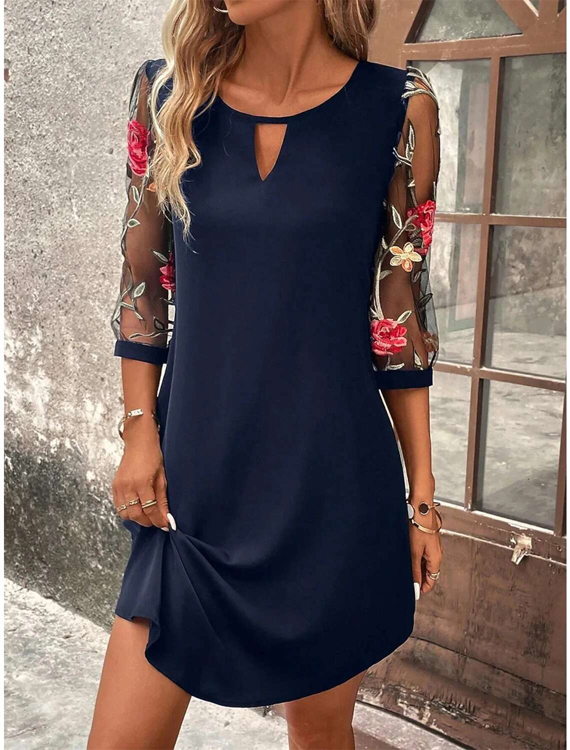 Women's Perspective Mid Sleeve Printed Round Neck Mini Skirt Summer Party Dress