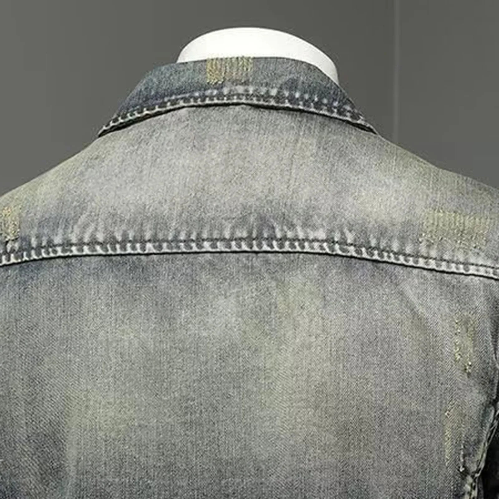 Retro denim jacket with zipper standing cotton slim fit winter mens 250313