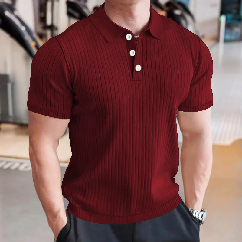 Summer mens retro knitted lapel striped polo shirt solid color thin comfortable short sleeved Tshirt item 250313