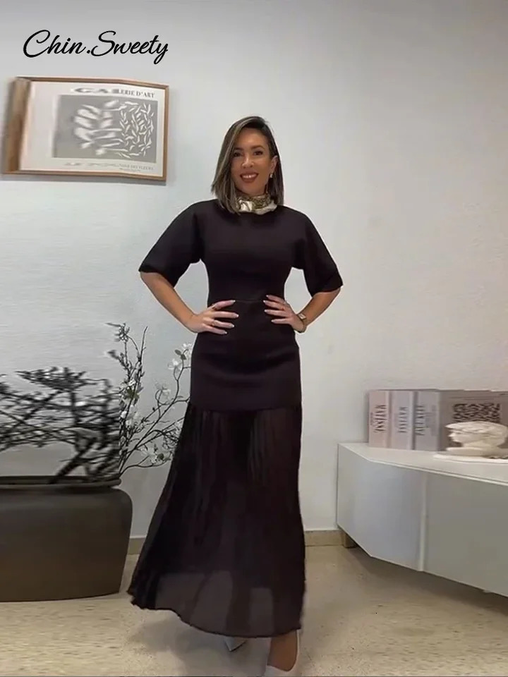 Elegant patch work long dress womens brown knitted Oneck half sleeved ultrathin pleated springsummer high street robe 250313