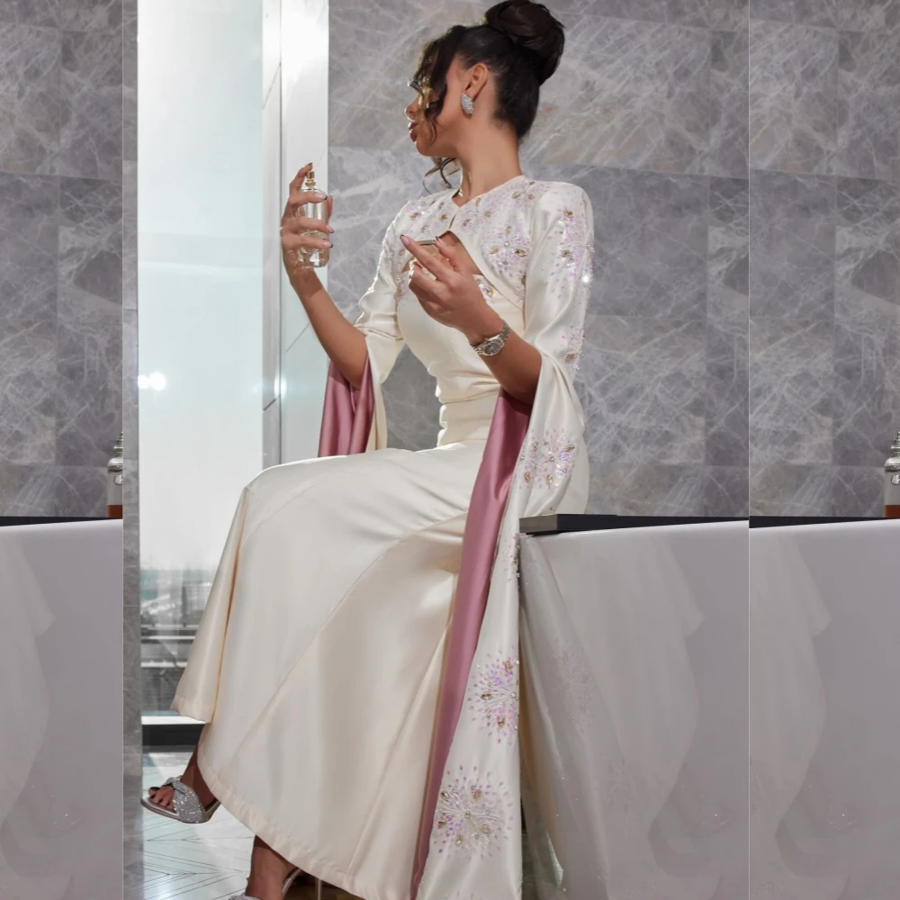 Customized s Beading Draped prom dresses A-line V-Neck Bespoke cape long sleeve arabic saudi evening gown oufit