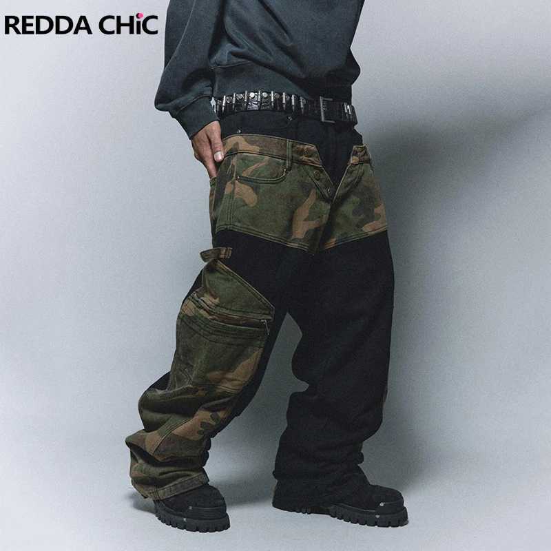 REDDACHIC Retro Patch Work Camouflage Cargo Jeans Mens Comparison Loose High Waist Hip Hop Wide Leg Jeans Harajuku Street Clothing X250313
