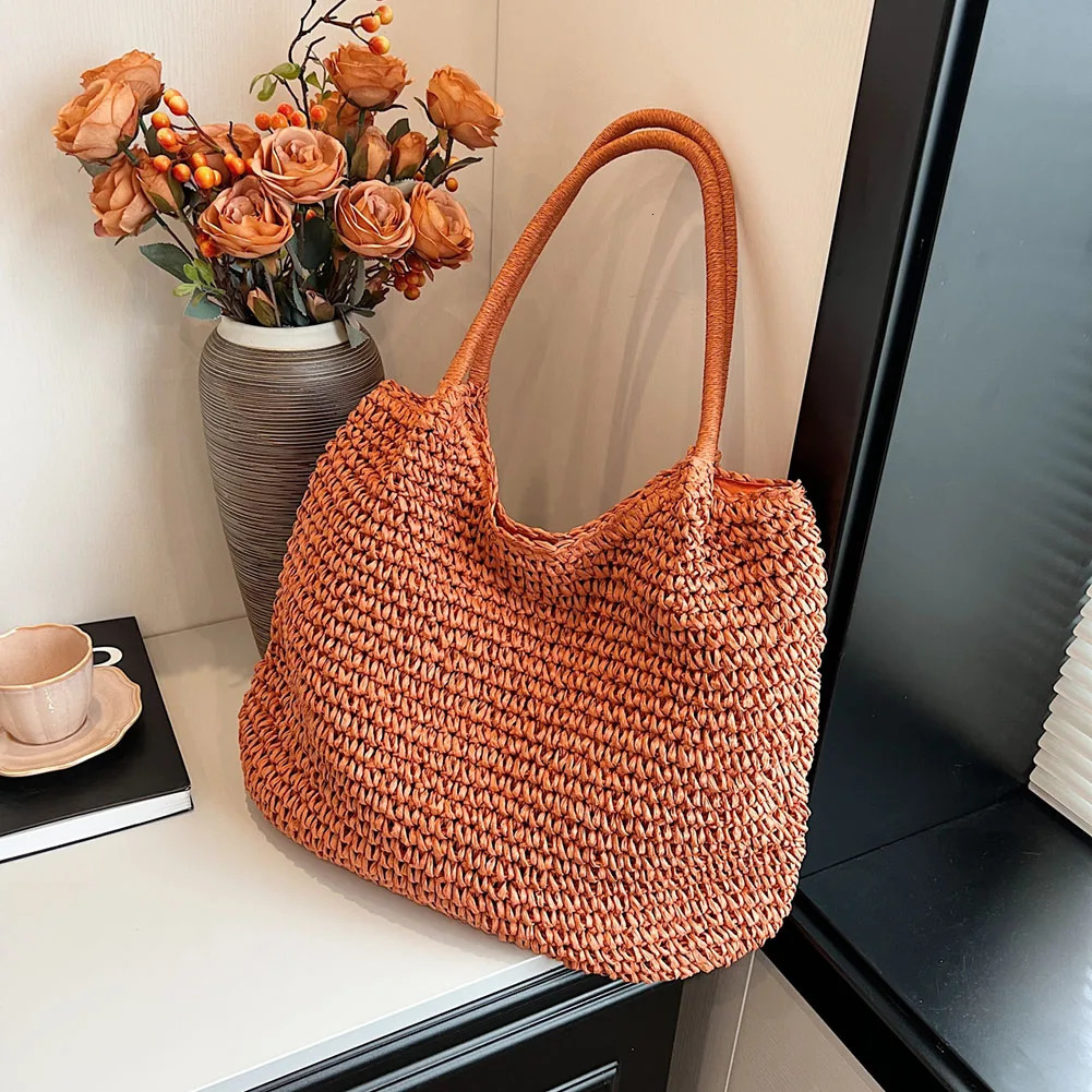 Women Straw Tote Handbag Large Capacity Vintage Shoulder Bag Hasp Closure Crochet Beach Handbag Ladies Summer Daily Bag R250312