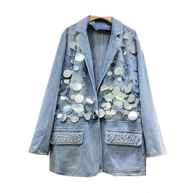 Women Big Sequins Denim Blazers Coat Spring Dias Beaded Jeans Jacket Suit Turn Down Collar Rhies Cowboy Cardigan Tops