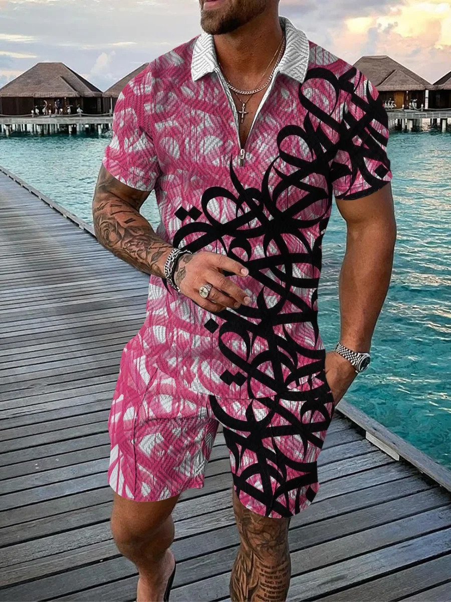 ZipUp Man Hawaii 2pcs sets 3D Coconut tree printing Zipper Polo Shirt Short Sleeve Shorts Casual Fashion 2PCS Summer 250313