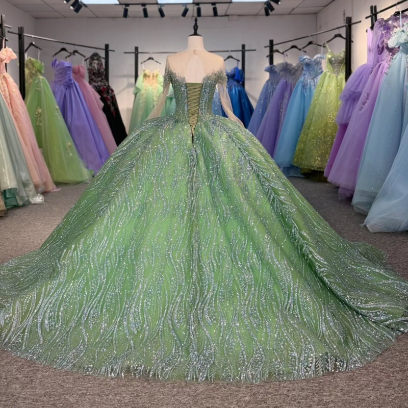 Sage Green Shiny Quinceanera Dresses Ball Gown Off The Shoulder Sequin Applique Beads Tull Party Birthday Sweet 16 Vestidos De 15 Anos