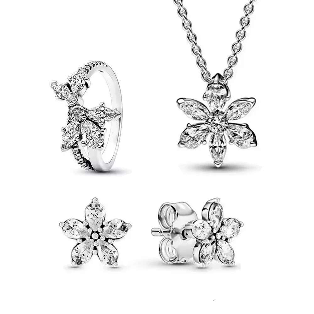 Earrings 925 Sterling Silver Sparking White Glass Flower Series Earrings Charms Necklace Ring Women's Fine Jewelry Gift