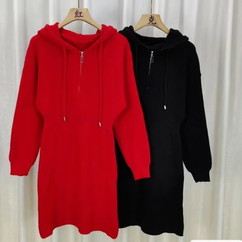 T33215 New chic unique fashion red sweater knitted long-sleeved hooded hip dress sub-trend