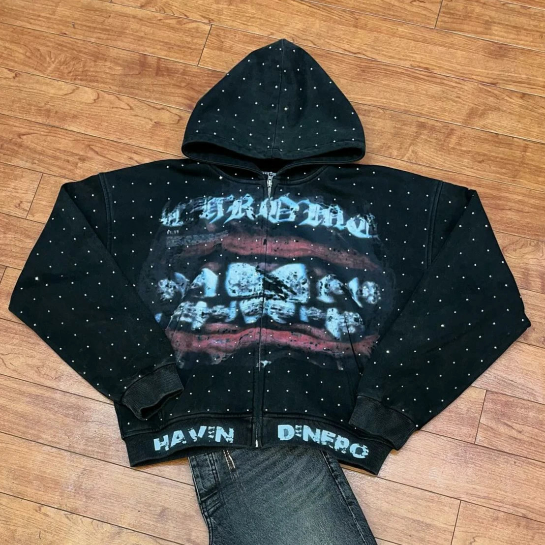Streetwear Fashion Rhinestone Zip Up Sweatshirt Harajuku Lips Graphic Print Oversized Hoodie Goth Black Hooded Jacket Men Women 250311
