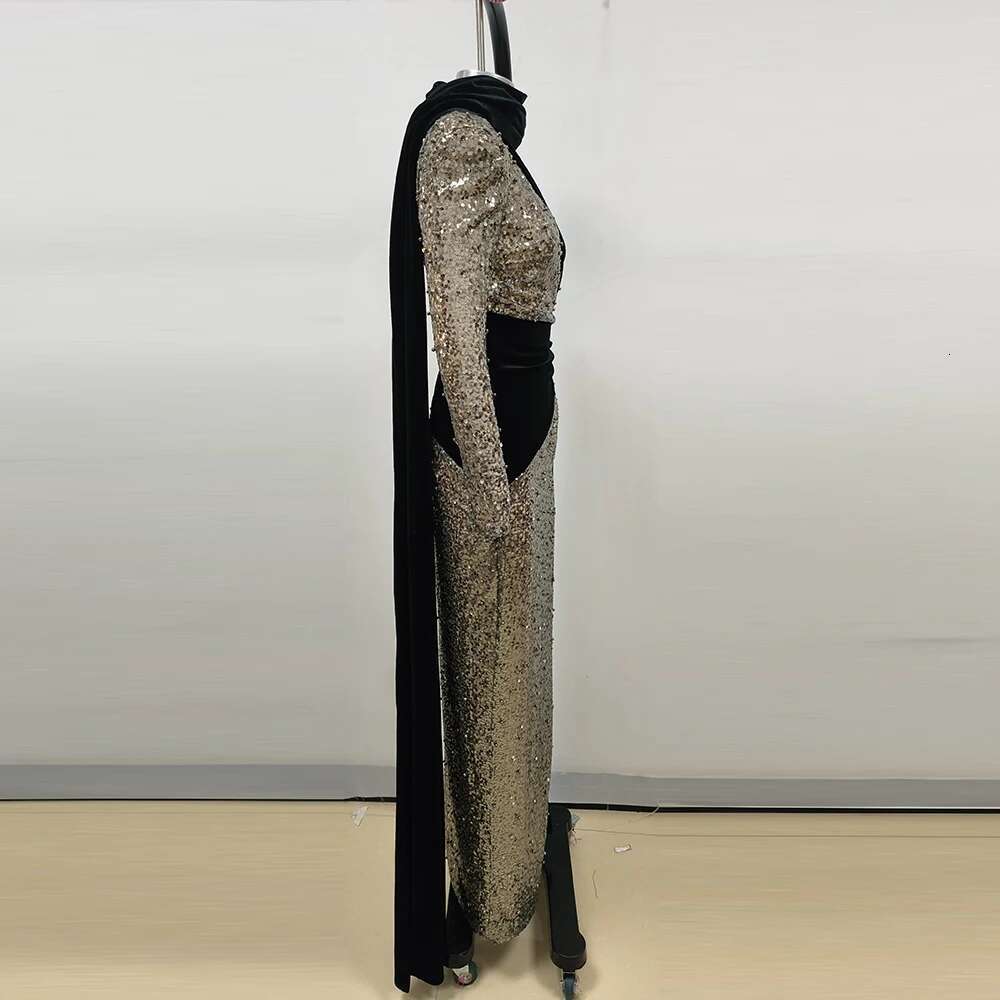 Hit Color Dresses For Women Halter One-Shoulder High Waist Patchwork Sequins Split Dress Female Fashion Clothing