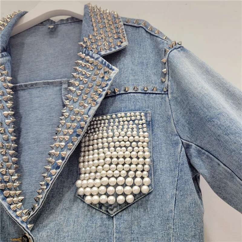 Women Pearls Beaded Denim Suits Jacket Turn Down Collar Jeans Blazers Coat Spring Autumn Loose Rivets Cardigan Mid Length Tops