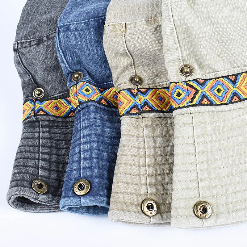 Outdoor Sun Hat Woman Bucket Man Cotton Embroidered Vintage Beach Waterproof Fisherman Fishing Cap Summer Foldable Bob 250304