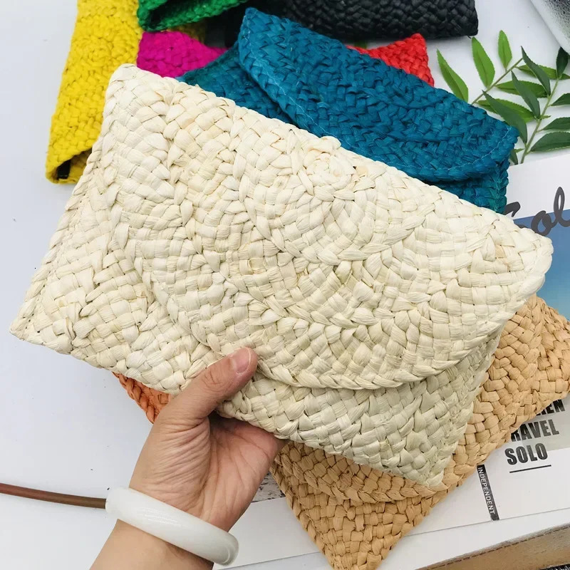 Fashion Corn Husk Handmade Womens Straw Bag Summer New Envelope Wallet Multi-color Beach Holiday Woven Bag Female Coin Purses R250312