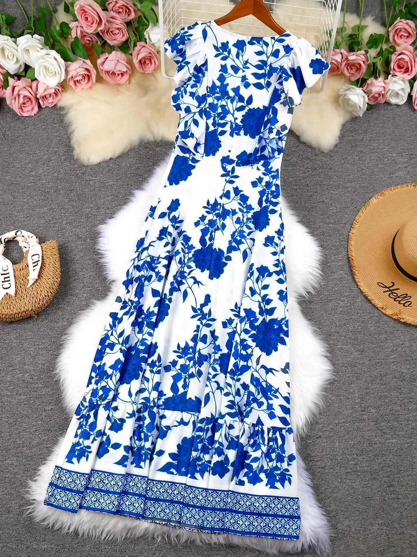 Urban Sexy Dresses 2025 New Blue Floral Print White Dres Women Lace Hollow Out Long Dr Holiady Summer Bodycon Robe Elegant Ruffles Vestidos Y240312UTY