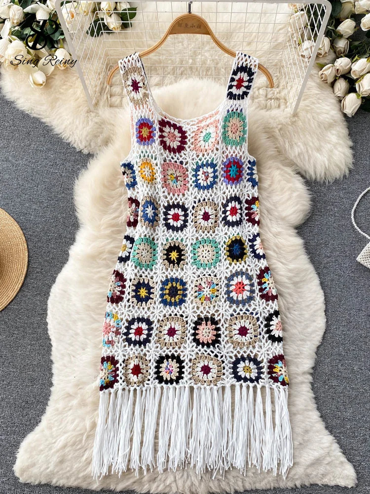 SINGREENY Sunmmer Knitted Dress Hook Flower Hollow tassel Womens Ultra Thin Street Clothing Original n Fashionable Retro 250313