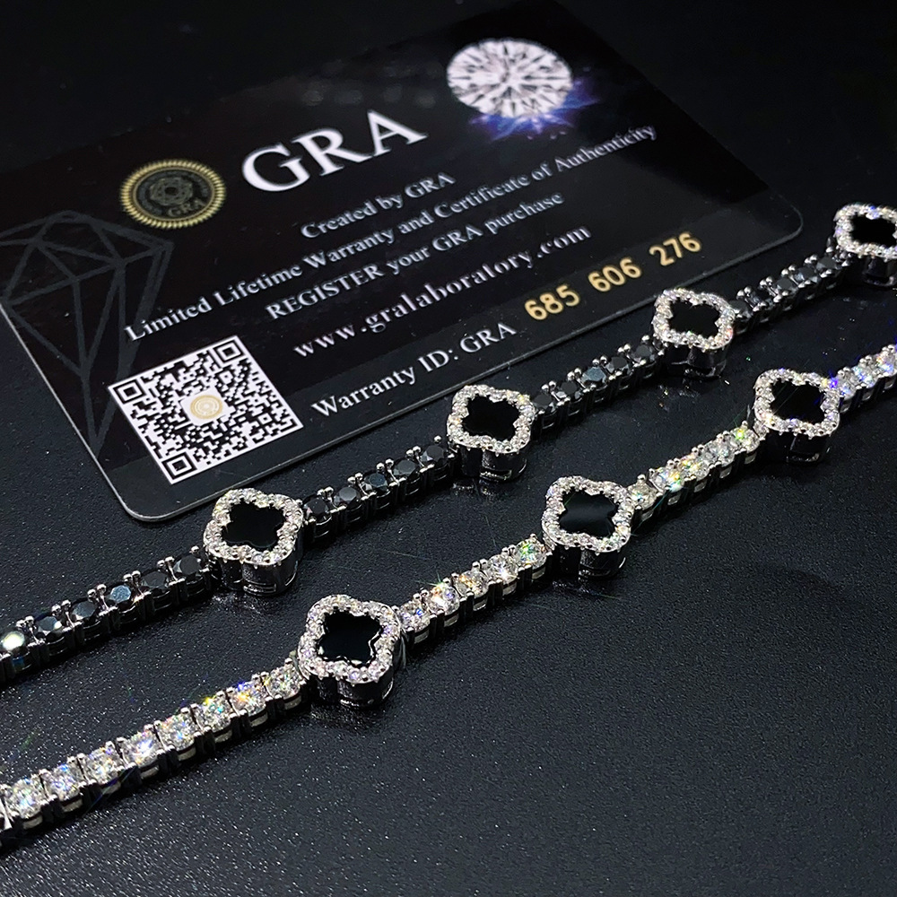 3mm S925 silver Moissanite Black Agate Clover Tennis Chain Bracelet Iced Out for Men Hip Hop Jewelry Pass Diamond Tester WithGRA