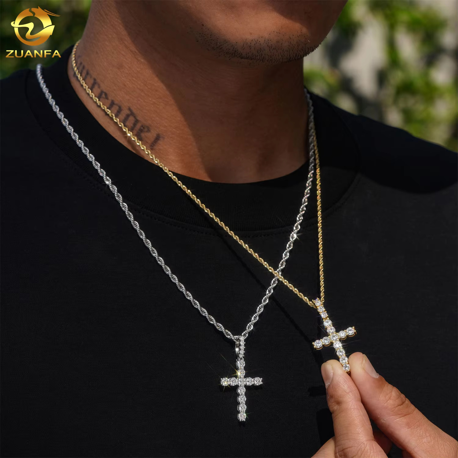 Custom Moissanite Diamond Fine Jewelry 925 Sterling Silver Iced Out Pendant Necklace Chain Hip Hop Cross Pendant
