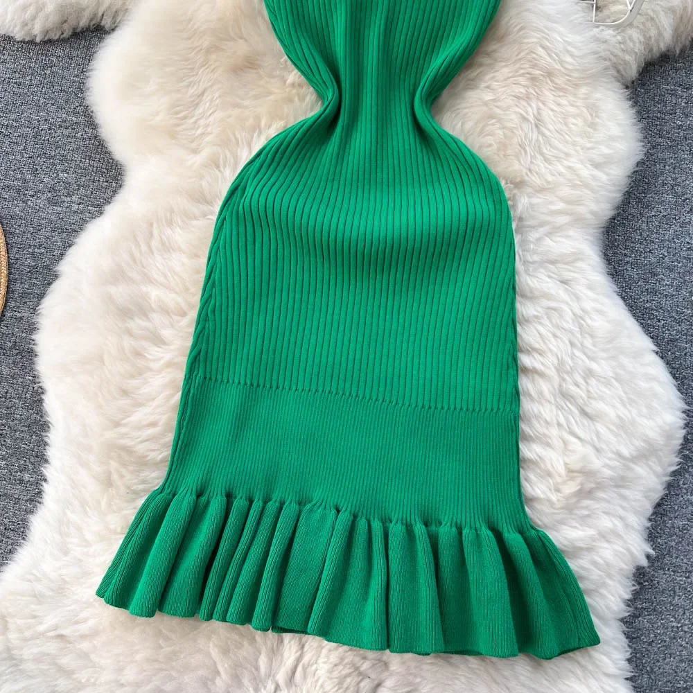 Summer Knitted Tight Sexy Dress Oneck Sleeveless Ruffle Party Sundress High Street Elastic Ultra Thin Short Skirt 250313