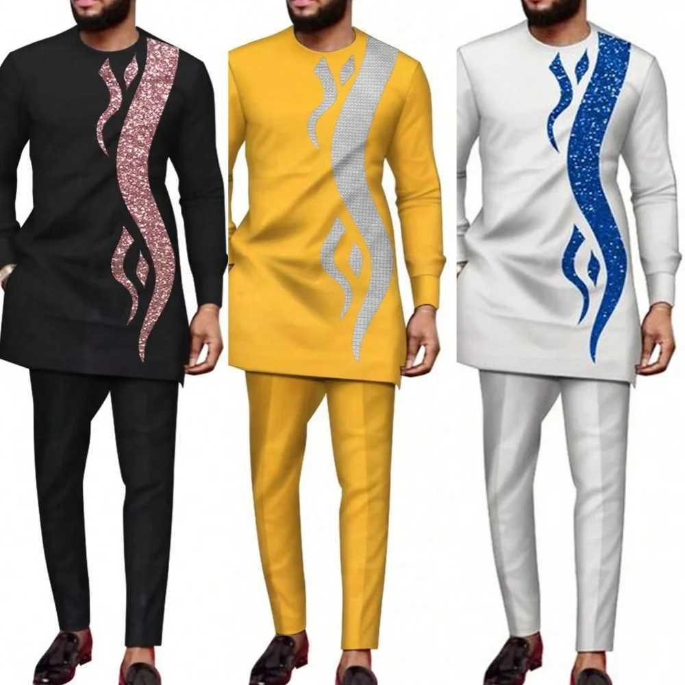 African Mens Embroidered Temos Two Piece Set Top Mens Wear Ethnic Leisure Style Wedding Evening Dress Mens Wear X250313