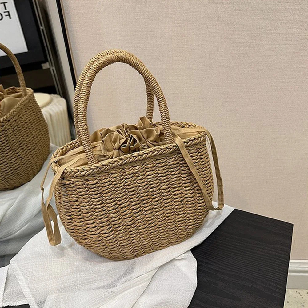 Drawstring Straw Bag for Women Top Handle Bag Summer Beach Woven Boho Bag Rattan Large Capacity Tote Bag Ladies Shopper Clutch R250312