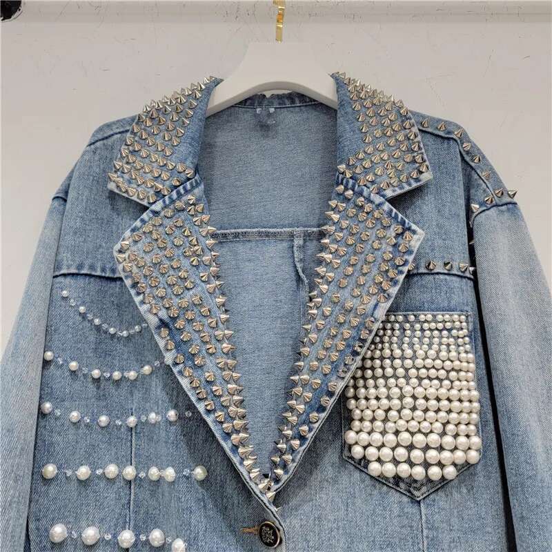 Women Pearls Beaded Denim Suits Jacket Turn Down Collar Jeans Blazers Coat Spring Autumn Loose Rivets Cardigan Mid Length Tops