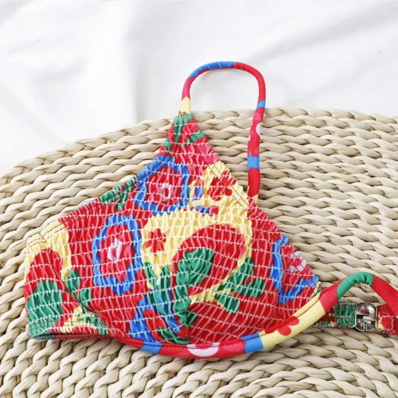 Summer Beach Bikini Suit Crimson Printed Sexual Double Shoulder Strap Bra Low Waist Breathable Briefs Twopiece Set 250311
