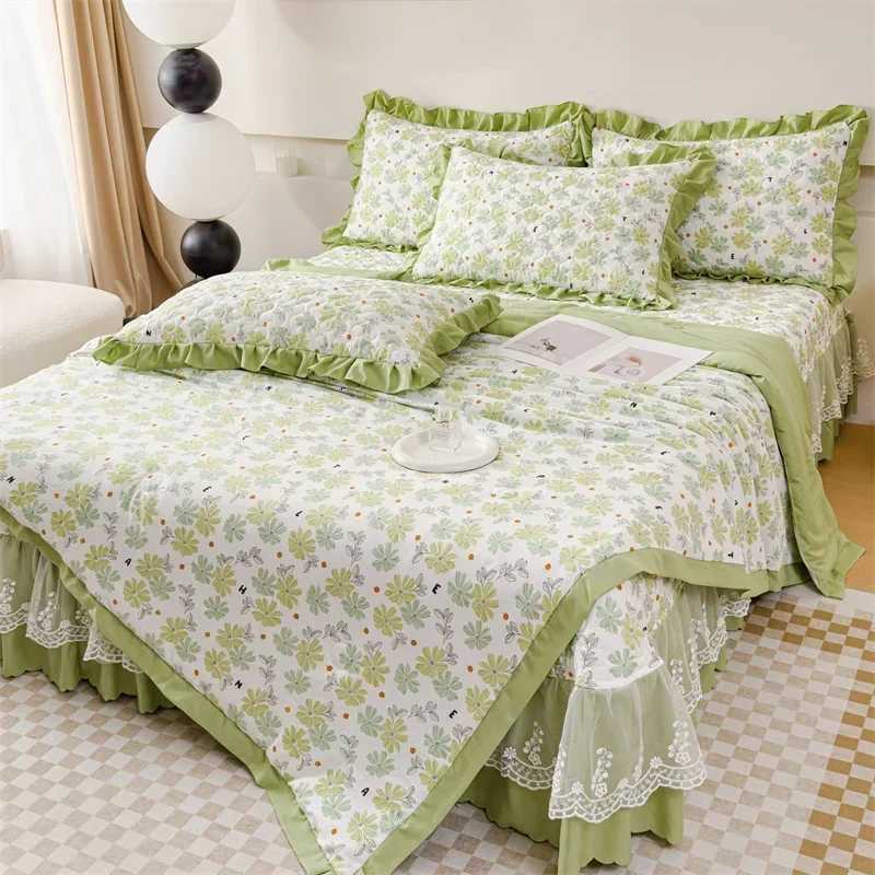 Summer air conditioning blanket four piece set washed cotton edged feather silk printed summer cooling blanket Y250313