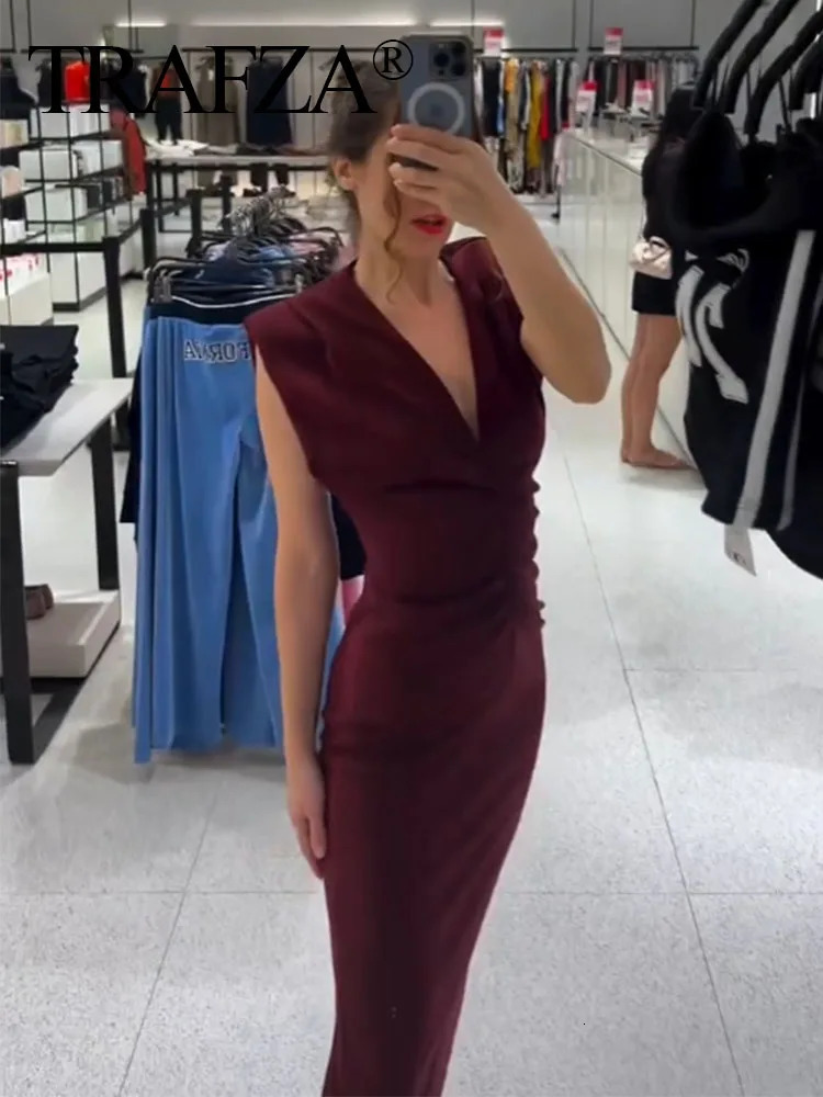 TRAFZA Summer Womens Fashion Dress Trend Wine Red Ultra Thin Midi Folded Evening Vestidos 250313