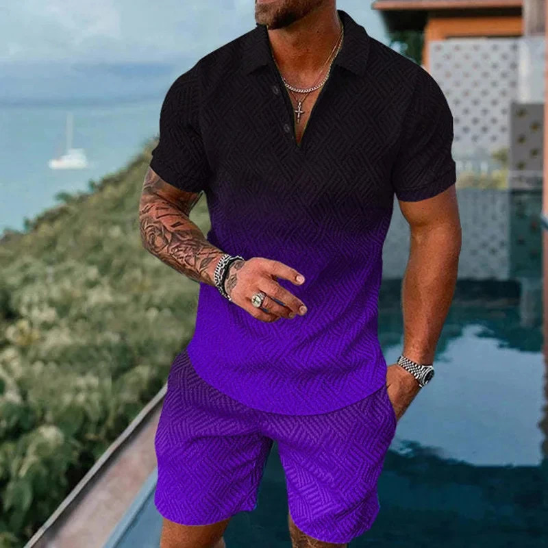 Gradient 3D Print Polo Shirts Shorts Sets Mens Fashion Streetwear Short Sleeve Shirt Pants Set Male Suits Harajuku Man Clothing 250313