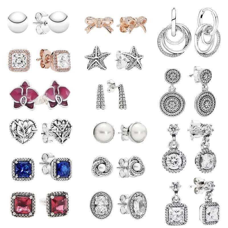 Hot 925 Sterling Silver Sparking Round Heart Feather Zircon Stud Earrings For Women Lovers Christmas Jewelry Special Gift