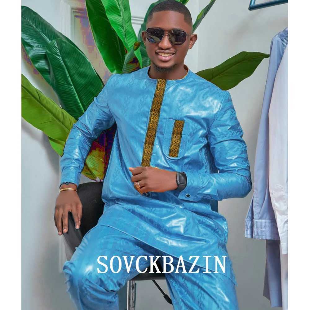 African Mens Top 2-piece Bazin Riche Mens Traditional Embroidered Shirt with Trouser Wedding Nigerian Robe X250313