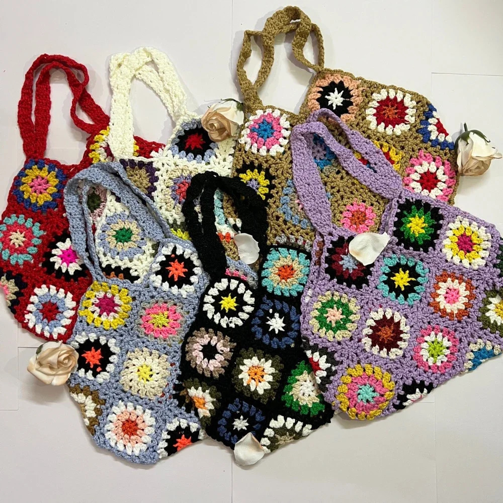 Large Capacity Fashion Cut-out Boho Tote Bag Trendy Floral Crochet Handmade Knitted Bag Vintage Multicolor Hollow Out Handbag R250312