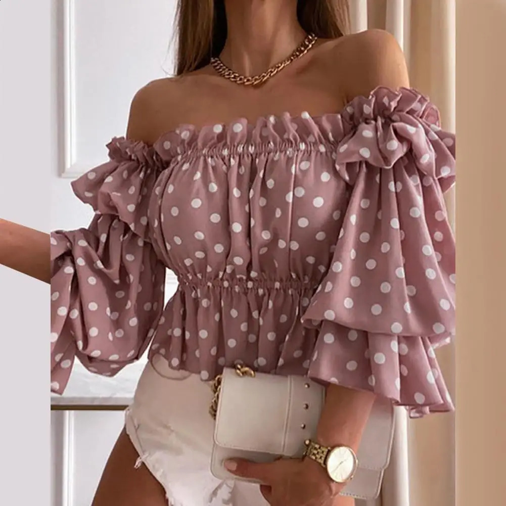 Off Shoulder Summer Ladies Multi-layer Top Colorful Pleated Autumn Blouse Fashion Women Ruffles Long Sleeve Shirt for Beach 250313