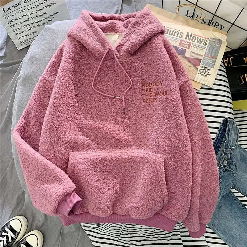 Official Hooded Fleece-Ed Wool Flanelle Material Sweatshirt Women's Student Autumn/Winter Warm Jacket