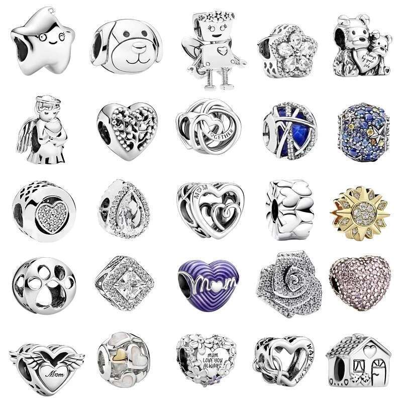 100% 925 Sterling Silver Cute Robot Angel Dog Falg Flower House Zircon Beads Women Fashion Bracelet Jewelry Gift Making