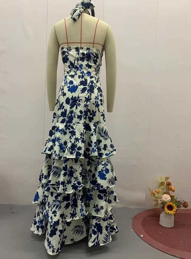 Urban Sexy Dresses Elegant Womens Dr Floral Printed Slvel Cross Halter Off Shoulder Hollow Out Ruched Tie Details Layered Ruffle Midi Dr Y240312SLEA