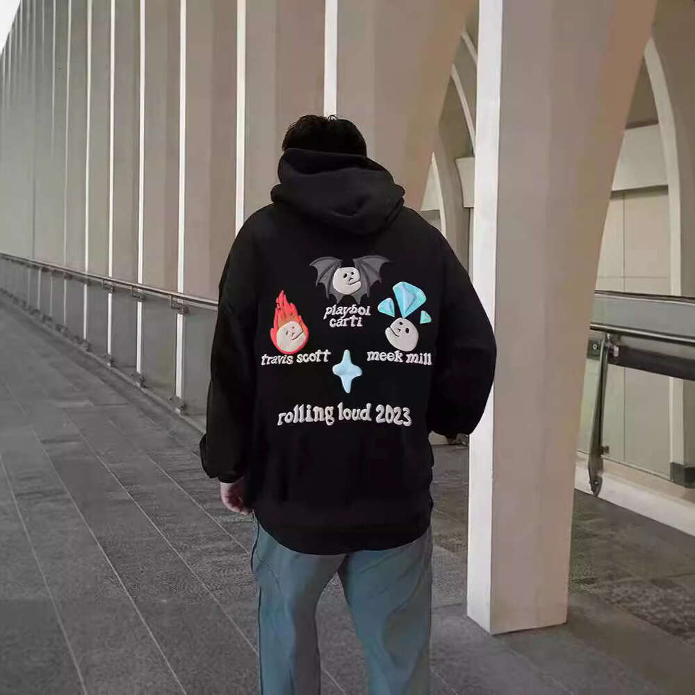 Street Black Hooded Pullover Sweatshirt Men's Cotton Hoodie Roll Cloud Skull foam Print